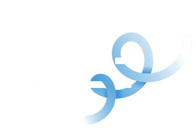 A stylized logo featuring the text 'UAM FEST' in bold white sans-serif lettering against a solid black background, with the letters 'UAM' stacked above 'FEST'; a dynamic, flowing blue gradient ribbon weaves through and around the text, creating a sense of motion and modern design, with the ribbon forming partial circular shapes that interlock with the letters 'F' and 'E'.
